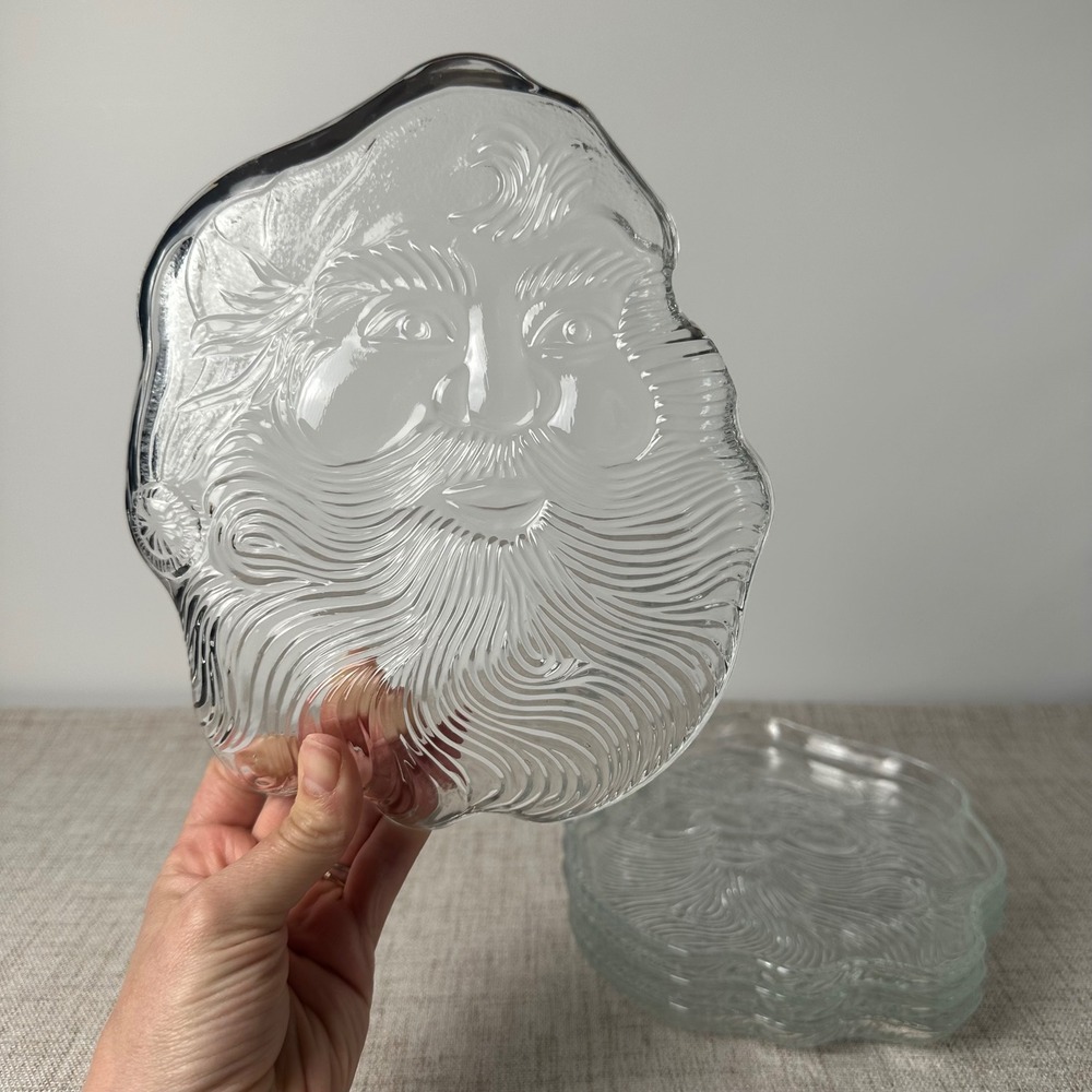 Clear Glass Santa Claus Face Plates Set of 4 Christmas Candy Cookie Dishes